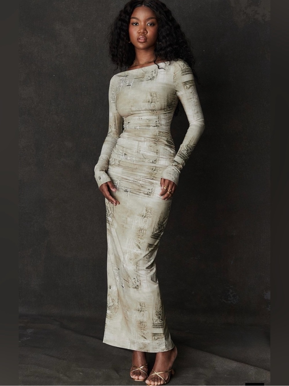House of CB Lanetta ruched bateau neck long sleeve georgette maxi dress